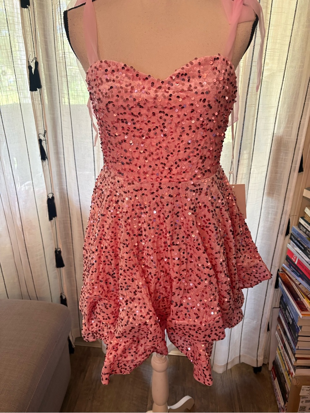 Sweetheart Pink Sequin Mini Dress with Tie Straps